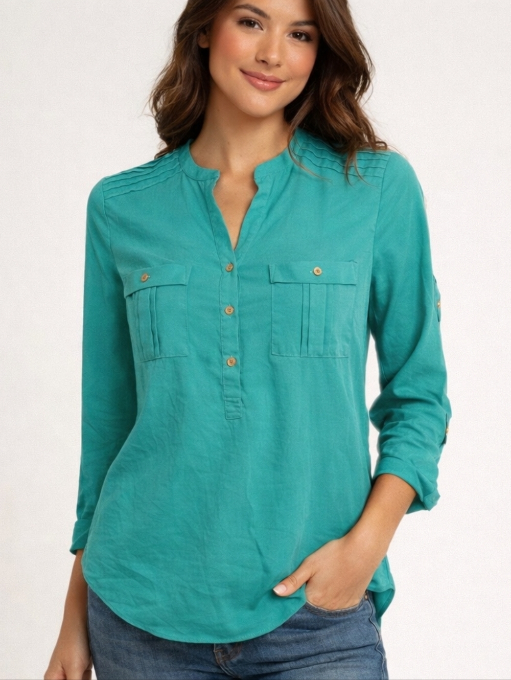 CALVIN KLEIN TEAL BLOUSE SIZE MEDIUM LONG SLEEVE BUTTON FRONT TOP